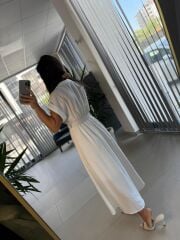 My 3751 Kruvaze Beyaz Kemerli Elbise