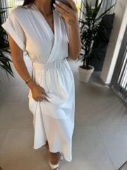 My 3751 Kruvaze Beyaz Kemerli Elbise