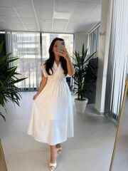 My 3751 Kruvaze Beyaz Kemerli Elbise