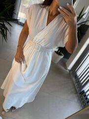 My 3751 Kruvaze Beyaz Kemerli Elbise