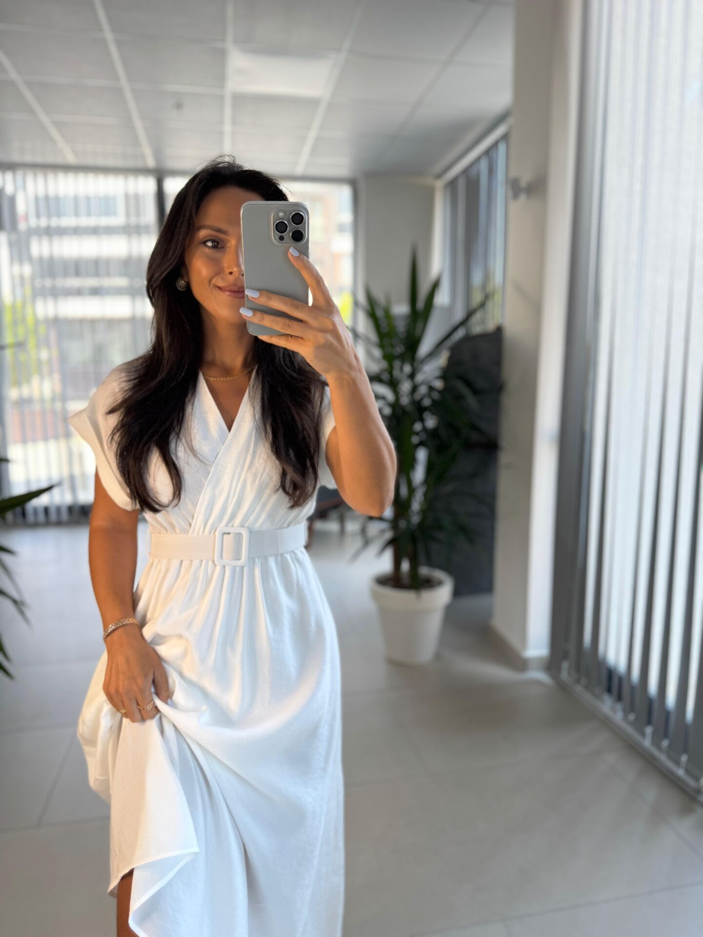 My 3751 Kruvaze Beyaz Kemerli Elbise