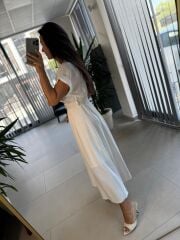 My 3751 Kruvaze Beyaz Kemerli Elbise