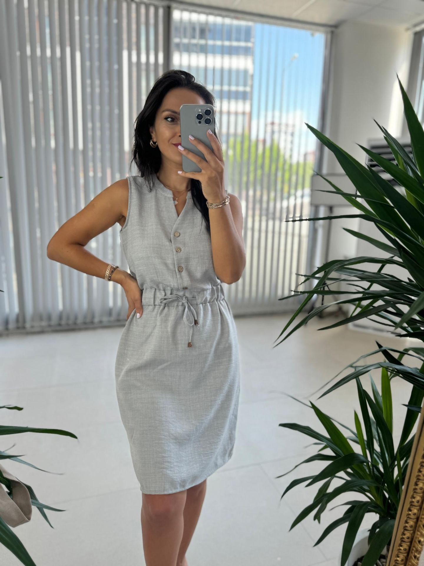 Mc 5967 Floş Keten Kolsuz Gri Elbise