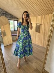 Blue and green floral gimped Poplin dress