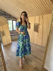 Blue and green floral gimped Poplin dress