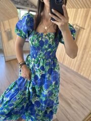 Blue and green floral gimped Poplin dress