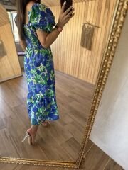 Blue and green floral gimped Poplin dress