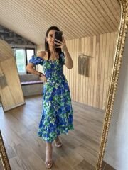 Blue and green floral gimped Poplin dress