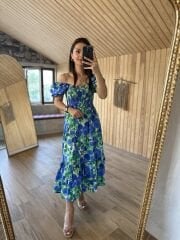 Blue and green floral gimped Poplin dress