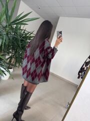 Ml 37643 Premium Polo Yaka Bordo-Gri Baklava Desen Kazak