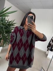 Ml 37643 Premium Polo Yaka Bordo-Gri Baklava Desen Kazak