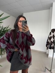 Ml 37643 Premium Polo Yaka Bordo-Gri Baklava Desen Kazak