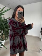 Ml 37643 Premium Polo Yaka Bordo-Gri Baklava Desen Kazak