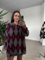 Ml 37643 Premium Polo Yaka Bordo-Gri Baklava Desen Kazak