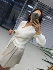 Kruvaze Bağlamalı Krem Kazak