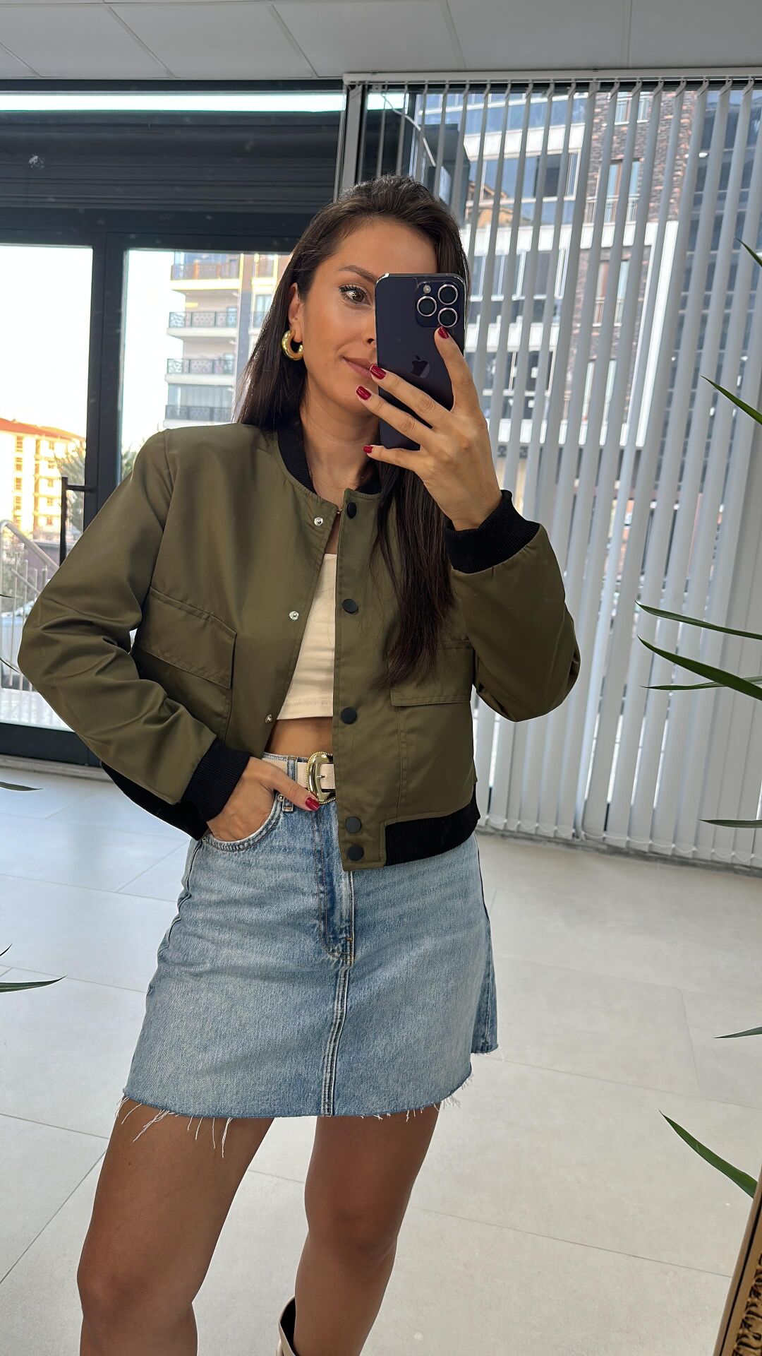 Bomber-Khaki-Mantel mit Vordertasche