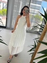 My 3486 Beyaz Puantiyeli Halter Yaka Şifon Elbise