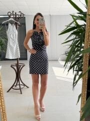 Mz 23066 Siyah-Beyaz Puantiyeli Boyun Aksesuar Detaylı Mini Elbise