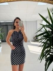 Mz 23066 Siyah-Beyaz Puantiyeli Boyun Aksesuar Detaylı Mini Elbise