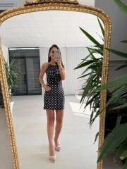 Mz 23066 Siyah-Beyaz Puantiyeli Boyun Aksesuar Detaylı Mini Elbise