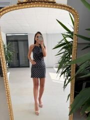 Mz 23066 Siyah-Beyaz Puantiyeli Boyun Aksesuar Detaylı Mini Elbise