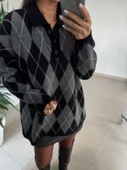 Ml 37643 Premium Polo Yaka Siyah-Gri Baklava Desen Kazak