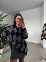 Ml 37643 Premium Polo Yaka Siyah-Gri Baklava Desen Kazak