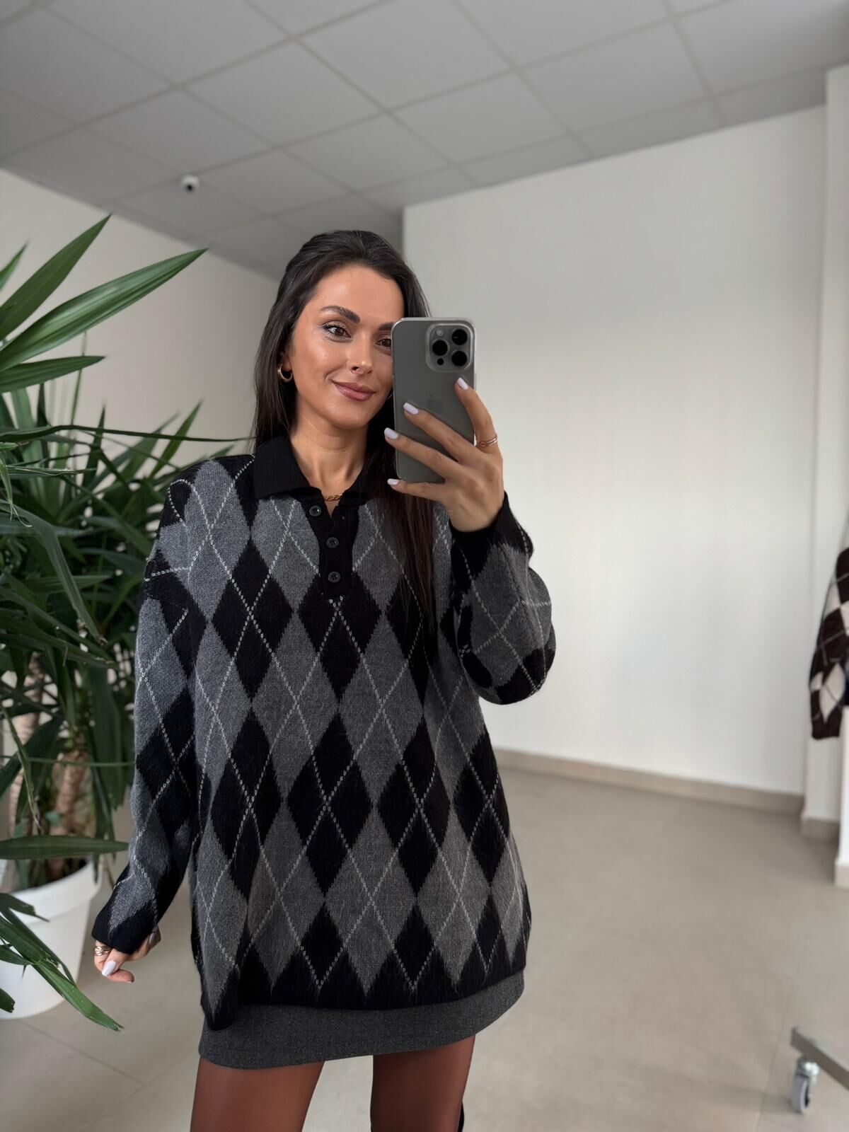 Ml 37643 Premium Polo Yaka Siyah-Gri Baklava Desen Kazak