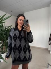 Ml 37643 Premium Polo Yaka Siyah-Gri Baklava Desen Kazak