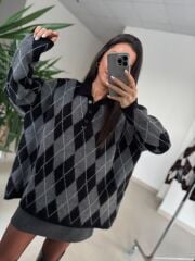 Ml 37643 Premium Polo Yaka Siyah-Gri Baklava Desen Kazak