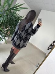 Ml 37643 Premium Polo Yaka Siyah-Gri Baklava Desen Kazak