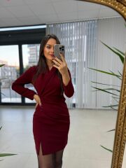 Mc Şal Yaka Bordo Elbise