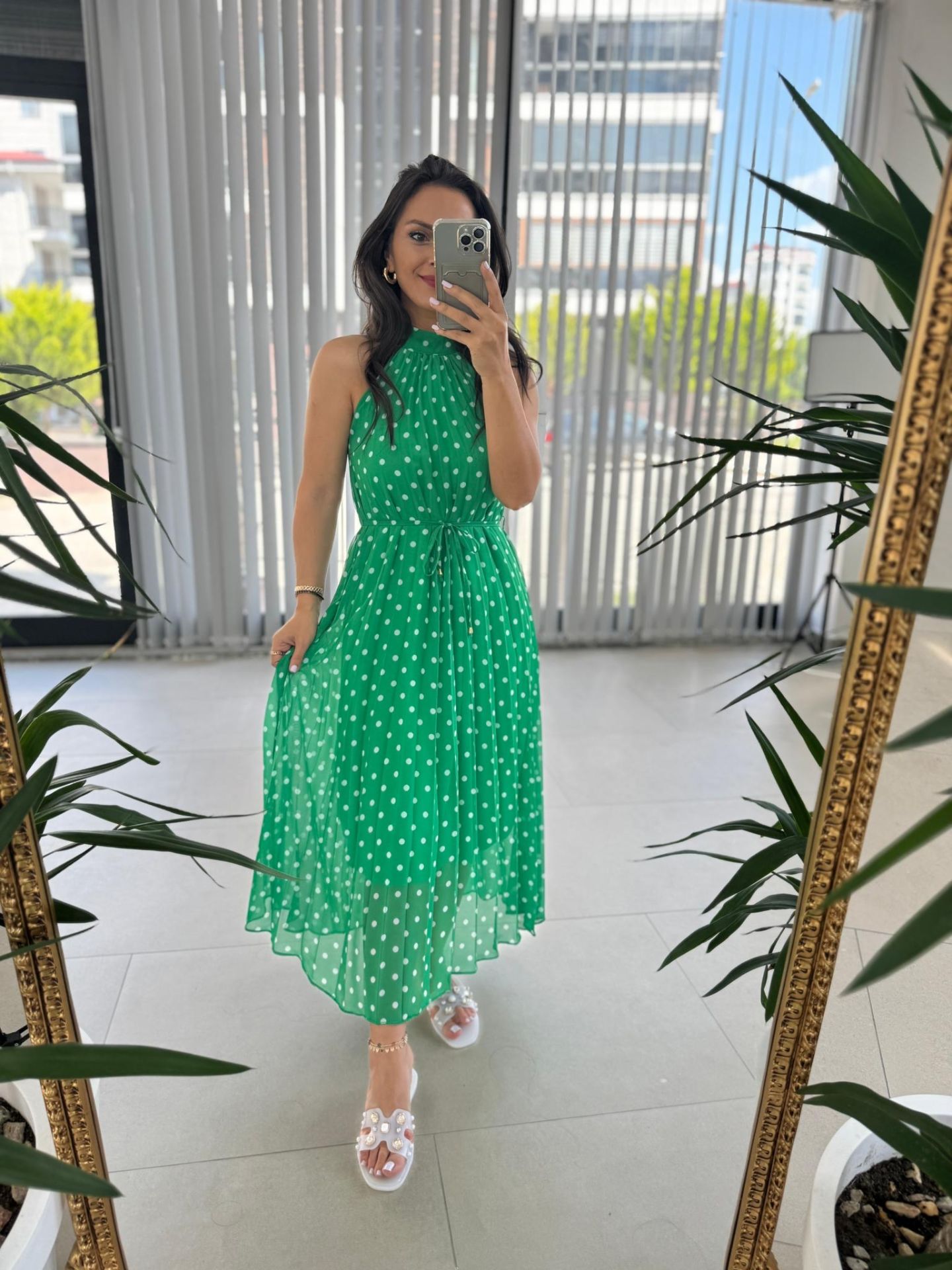 My 3486 Yeşil Puantiyeli Halter Yaka Şifon Elbise
