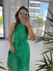 My 3486 Yeşil Puantiyeli Halter Yaka Şifon Elbise