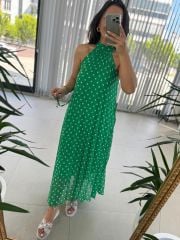 My 3486 Yeşil Puantiyeli Halter Yaka Şifon Elbise
