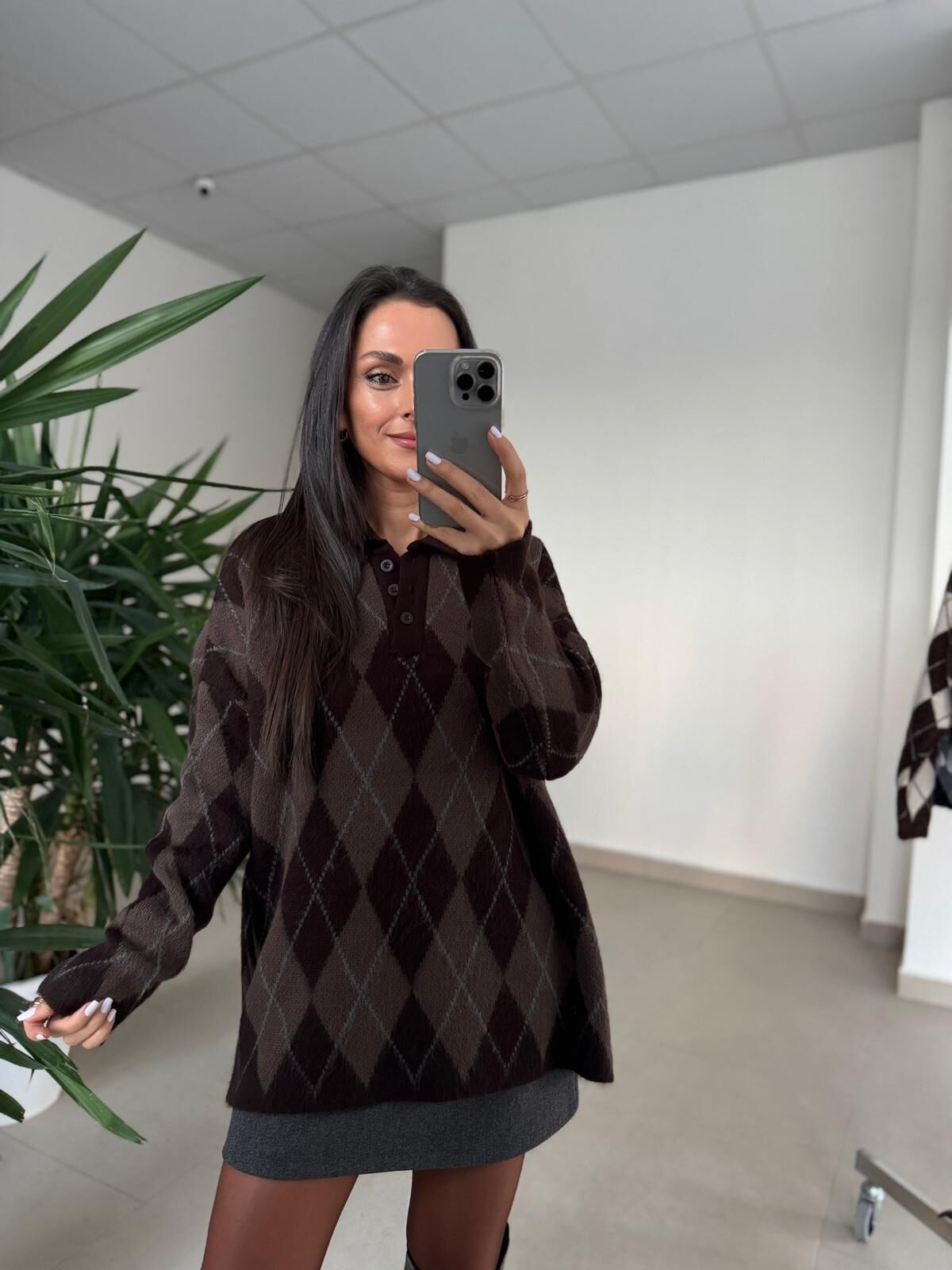 Ml 37643 Premium Polo Yaka A.Kahve-Vizon Baklava Desen Kazak