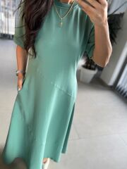 Dr 8407 Tasarım Çapraz Dikiş Detaylı Su yeşili Elbise