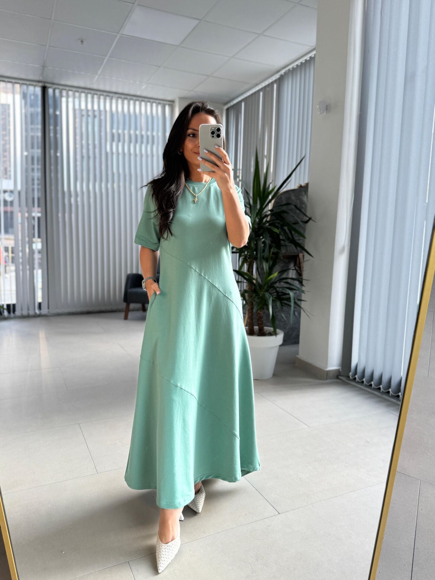 Dr 8407 Tasarım Çapraz Dikiş Detaylı Su yeşili Elbise