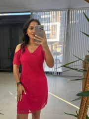 Mc 5885 V Yaka Kol Detaylı Fuşya Elbise