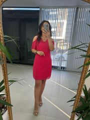 Mc 5885 V Yaka Kol Detaylı Fuşya Elbise