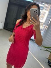 Mc 5885 V Yaka Kol Detaylı Fuşya Elbise