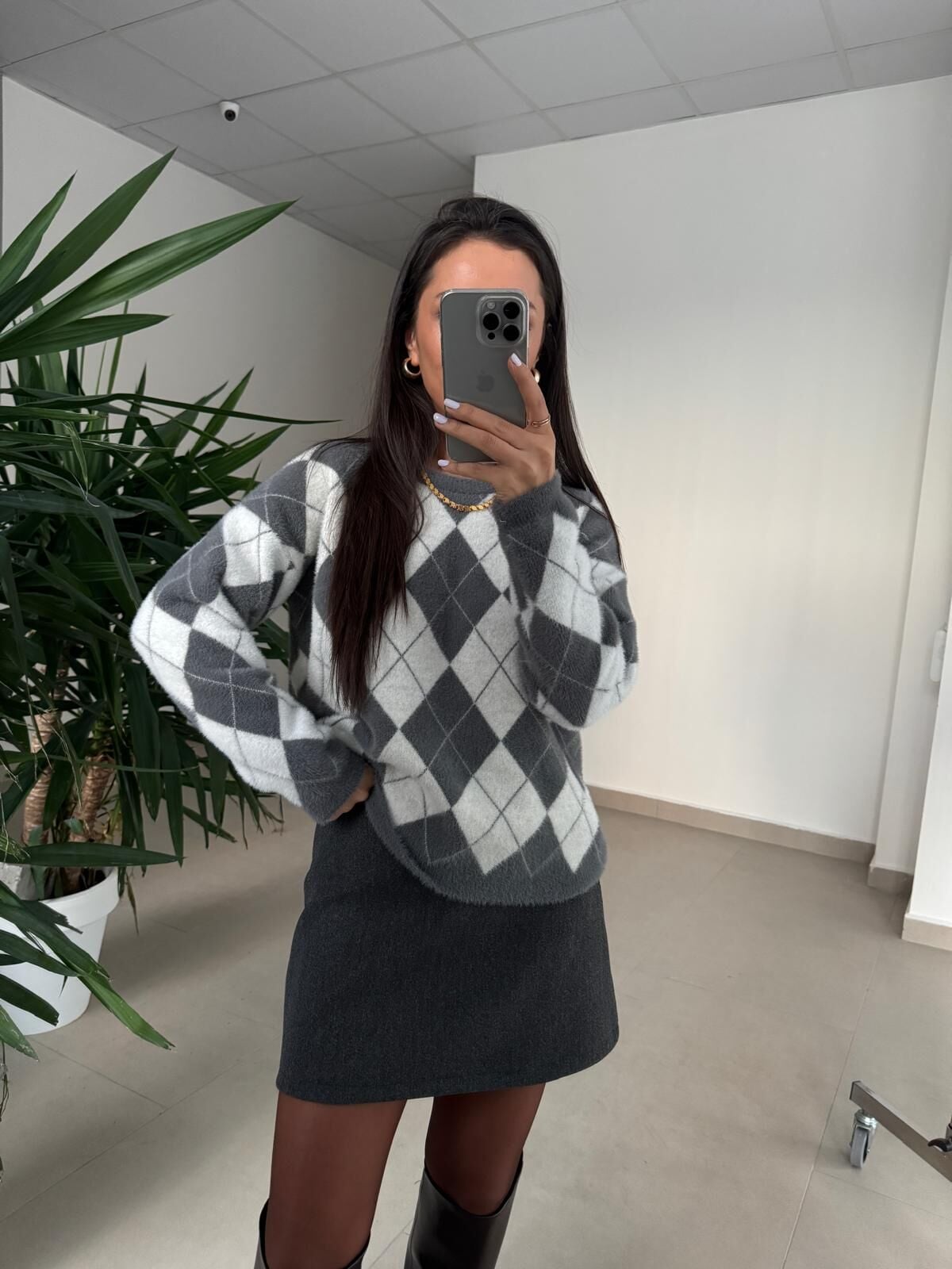 Ml 77643 Premium Yumoş Gri-Beyaz Baklava Desen Kazak