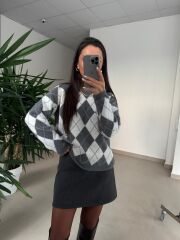 Ml 77643 Premium Yumoş Gri-Beyaz Baklava Desen Kazak