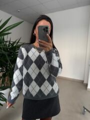 Ml 77643 Premium Yumoş Gri-Beyaz Baklava Desen Kazak