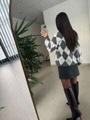 Ml 77643 Premium Yumoş Gri-Beyaz Baklava Desen Kazak