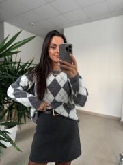 Ml 77643 Premium Yumoş Gri-Beyaz Baklava Desen Kazak