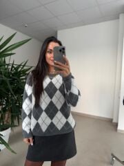 Ml 77643 Premium Yumoş Gri-Beyaz Baklava Desen Kazak