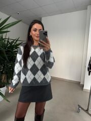 Ml 77643 Premium Yumoş Gri-Beyaz Baklava Desen Kazak