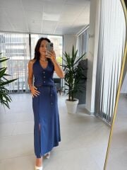 Fw 7246 İndigo Keten Yelekli Etek Takım