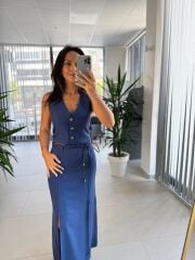 Fw 7246 İndigo Keten Yelekli Etek Takım